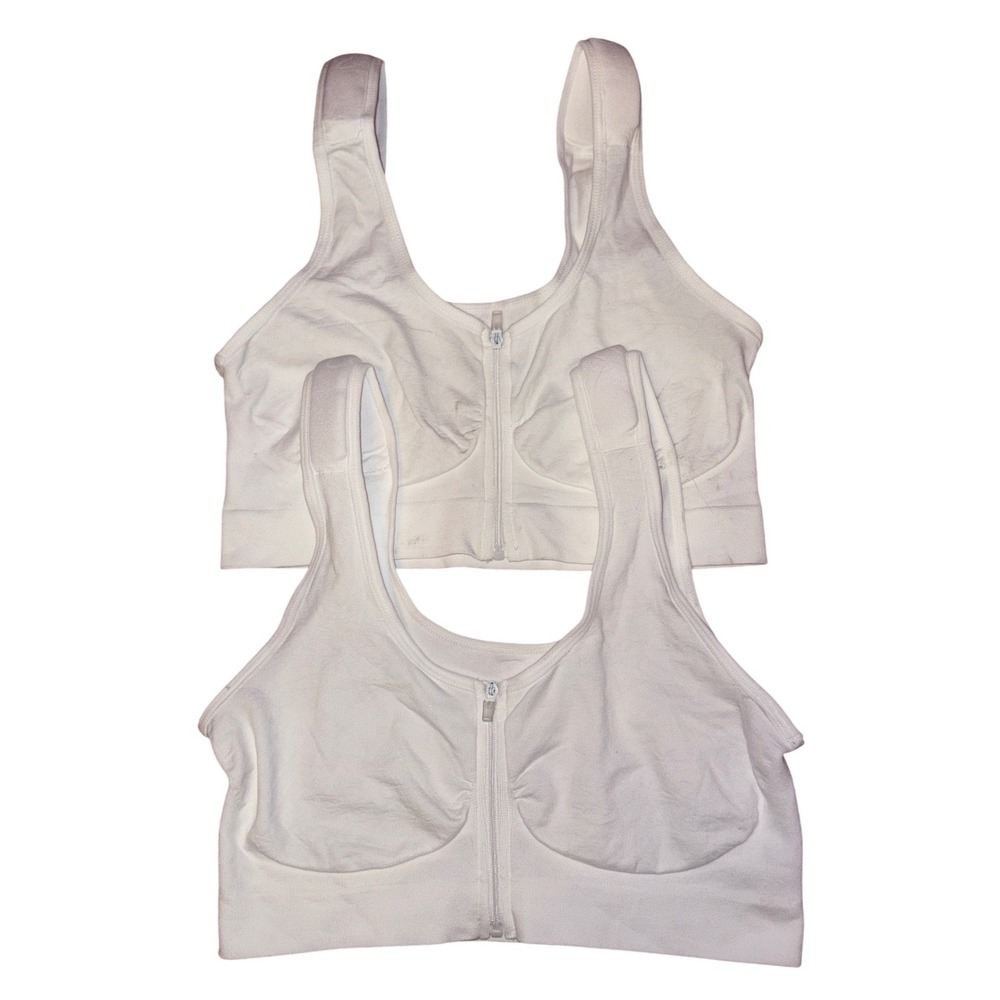 NEW Easy Comforts Style White Front Zip Comfort Bras Set of 2 Wireless Lounge‎ L